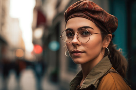 shot of a young female tourist in the city, created with generative aiの素材