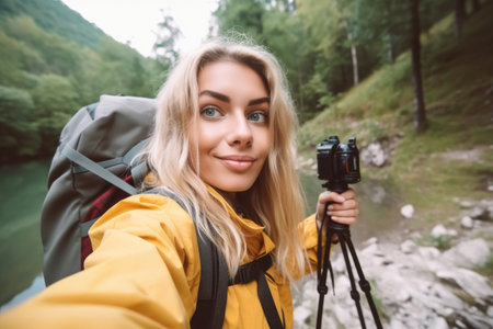 backpack, selfie and woman in nature taking a picture of herself outdoors on vacation, created with generative aiの素材