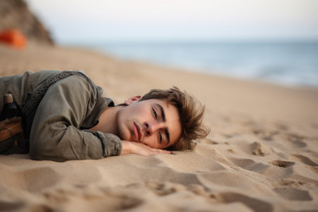 an exhausted young man sleeping on the sand by the sea, created with generative aiの素材