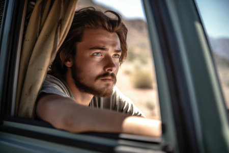shot of a young man looking out of the van while traveling, created with generative aiの素材