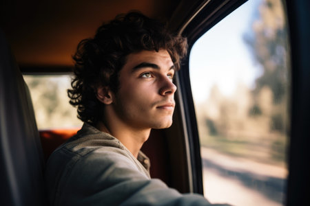 shot of a young man looking out of the van while traveling, created with generative aiの素材