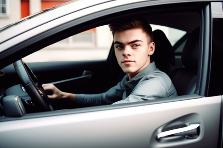 shot of a young man sitting in the driver seat of a car, created with generative aiの素材
