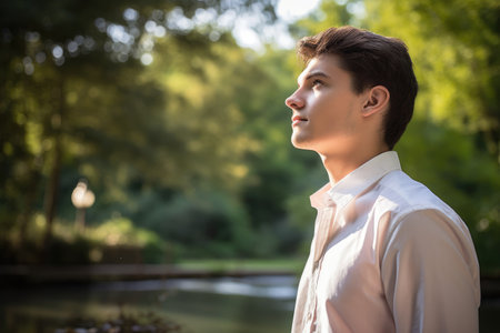 a handsome young man looking around at his beautiful surroundings, created with generative aiの素材