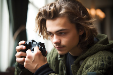 a young man looking at photos on his digital camera, created with generative aiの素材