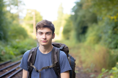 a handsome young man wearing a rucksack enjoying the outdoors, created with generative aiの素材