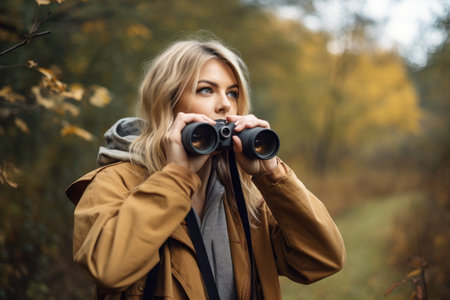 shot of a young woman holding binoculars while out in nature, created with generative aiの素材