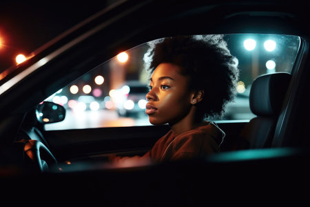 shot of a young woman travelling in her car through the city at night, created with generative aiの素材