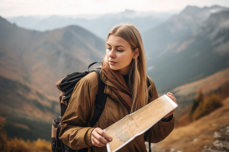 shot of an attractive young woman holding a map while in the mountains, created with generative aiの素材
