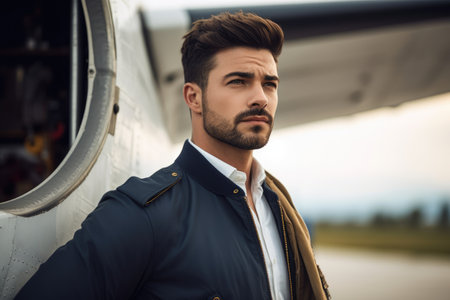 cropped shot of a handsome young man standing by an airplane, created with generative aiの素材