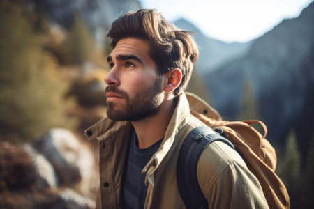 shot of a handsome young man hiking in the mountains, created with generative aiの素材