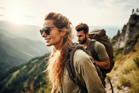 shot of a young couple going for a hike in the mountains, created with generative aiの素材