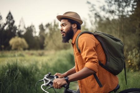 shot of a young man riding his bicycle into the outdoors, created with generative aiの素材
