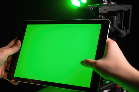 closeup of hands using a digital tablet with a green screen background, created with generative aiの素材