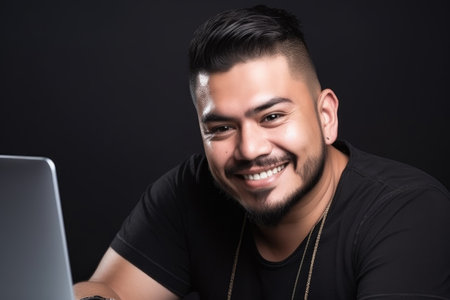 portrait of a smiling hispanic man working on a laptop, created with generative aiの素材