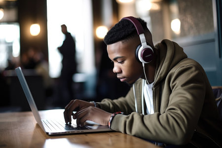 shot of a young man using headphones and playing music on his laptop, created with generative aiの素材