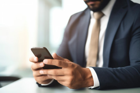 closeup shot of a man using his cellphone in a modern office, created with generative aiの素材