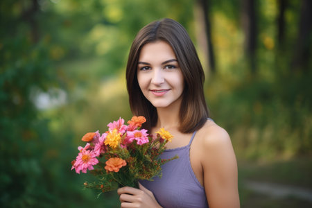 a pretty young woman smiling at you and holding a bouquet of flowers, created with generative aiの素材