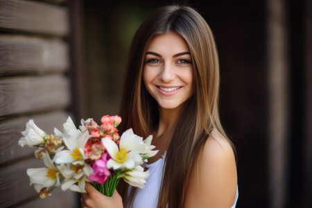 a pretty young woman smiling at you and holding a bouquet of flowers, created with generative aiの素材