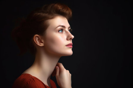 studio shot of a beautiful young woman looking away in thought, created with generative aiの素材