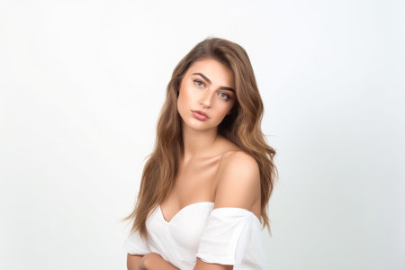 studio shot of an attractive young woman posing against a white background, created with generative aiの素材