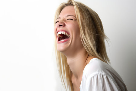 a young blonde woman laughing while isolated on a white background, created with generative aiの素材