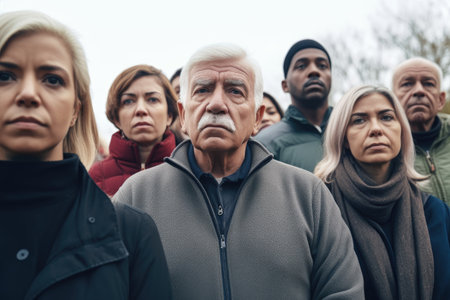 shot of a group of concerned people standing together outside, created with generative aiの素材