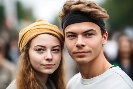 portrait of a young couple joining in on a protest, created with generative aiの素材