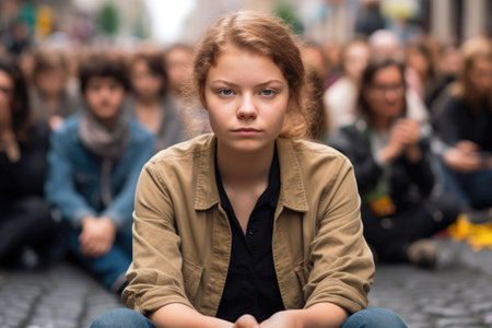 portrait of a young woman sitting in on a protest, created with generative aiの素材