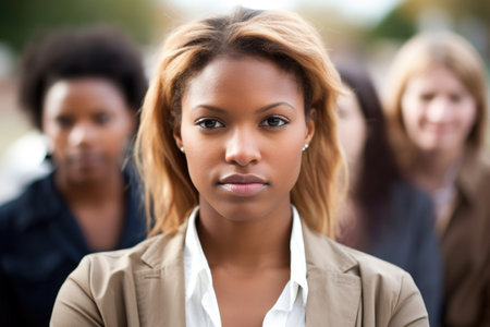 portrait of a young woman standing in a huddle with her colleagues outside, created with generative aiの素材