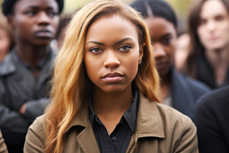 portrait of a young woman standing in a huddle with her colleagues outside, created with generative aiの素材