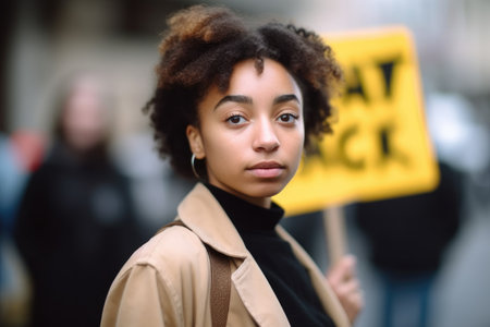 portrait of a young woman holding up a placard in protest against racism, created with generative aiの素材