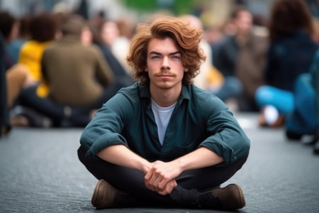 portrait of a handsome young man sitting on the floor at an activist protest, created with generative aiの素材