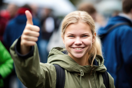 portrait of a young woman giving the thumbs up at an environmental protest, created with generative aiの素材