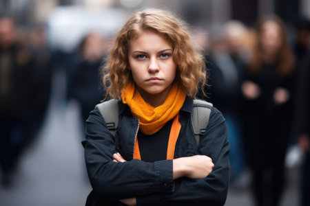 shot of a young female activist posing with her arms crossed during a protest outside, created with generative aiの素材