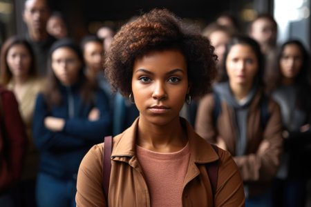 portrait of a confident young woman standing with her arms crossed in front of a group of people, created with generative aiの素材