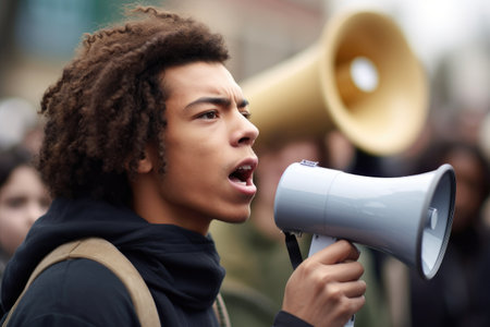 shot of a young man using a megaphone during an environmental protest, created with generative aiの素材