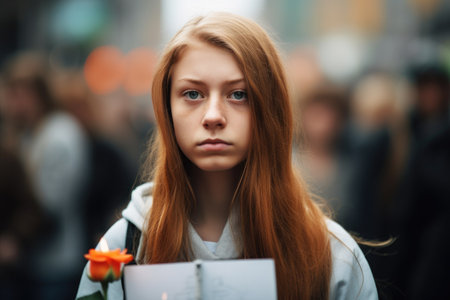shot of a young woman holding a sign during a protest, created with generative aiの素材