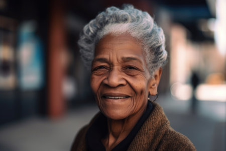 elderly, community and black woman photo with smile in city for elderly support or senior care, created with generative aiの素材