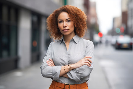 mixed race business woman standing with hands on hips while in the city, created with generative aiの素材