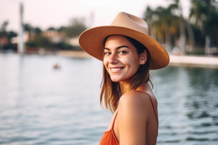 woman, portrait and smile for happy feeling on vacation, travel or summer break in miami, created with generative aiの素材