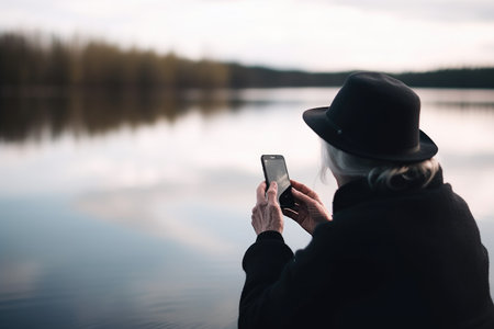 shot of an unrecognizable women using a phone at the edge of a lake, created with generative aiの素材