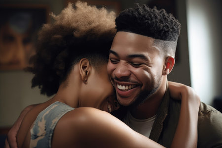 shot of a young couple hugging and laughing in their living room, created with generative aiの素材