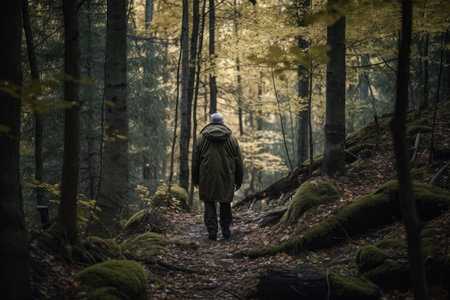 shot of an unrecognizable man standing alone in the forest, created with generative aiの素材