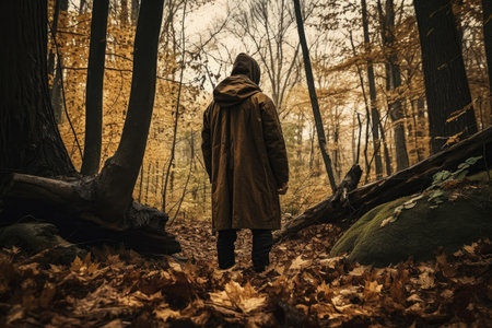 shot of an unrecognizable man standing alone in the forest, created with generative aiの素材