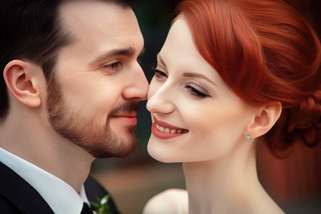portrait of a happy bride kissing her groom on the cheek, created with generative aiの素材