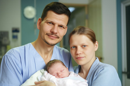 portrait of proud parents holding their newborn baby, created with generative aiの素材