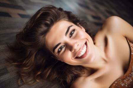 portrait of a beautiful woman smiling while lying on the floor, created with generative aiの素材
