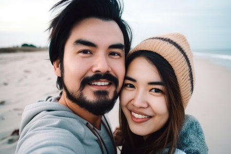 selfie, love and couple at beach with smile for travel adventure together, created with generative aiの素材
