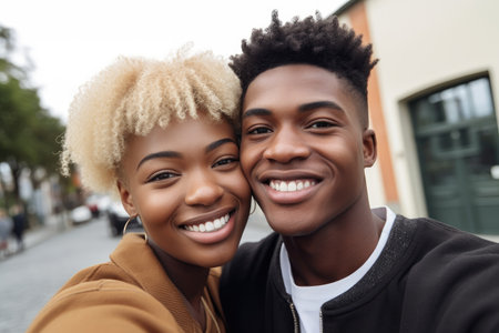 shot of an affectionate young couple taking selfies on their cellphone, created with generative aiの素材