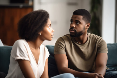 shot of a young couple sitting on their couch and discussing something, created with generative aiの素材